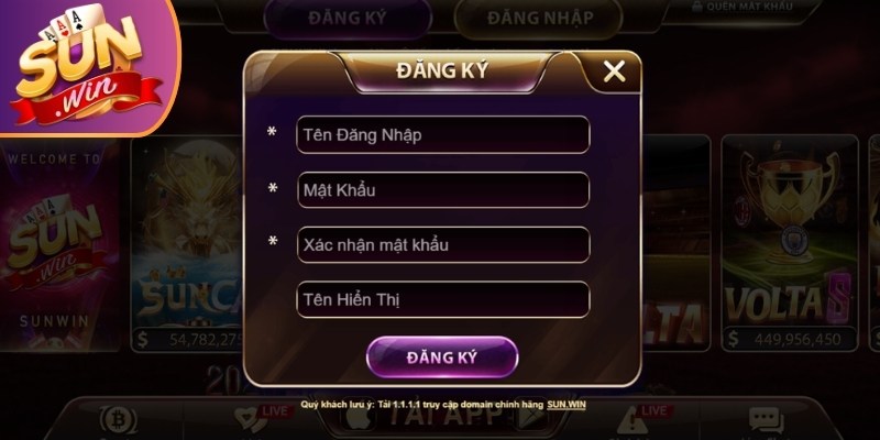 Đăng ký Sunwin chỉ yêu cầu nhập thông tin tạo tài khoản đơn giản